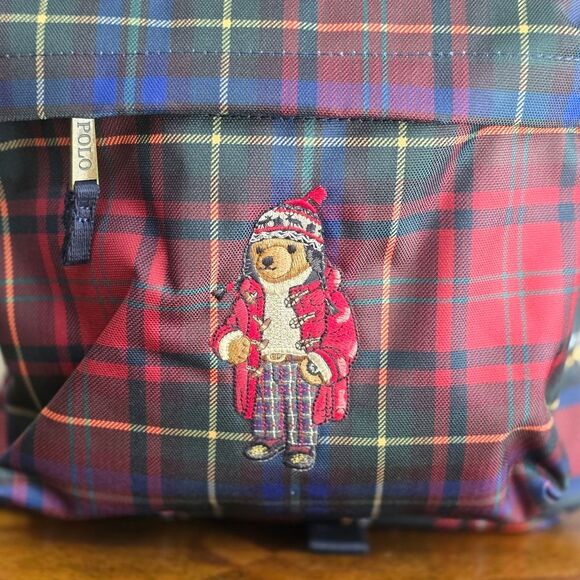 Polo Ralph Lauren Nordic Polo Bear Red Stewart Plaid Nylon Backpack Laptop Bag - Picture 3 of 9
